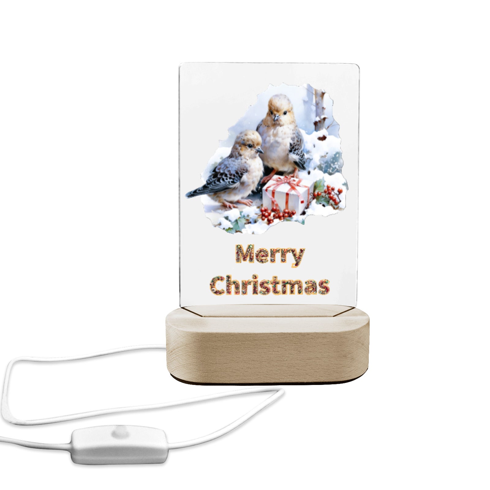 Merry Christmas Birds Acrylic Photo Panel with Lighted Stand (Made in USA)