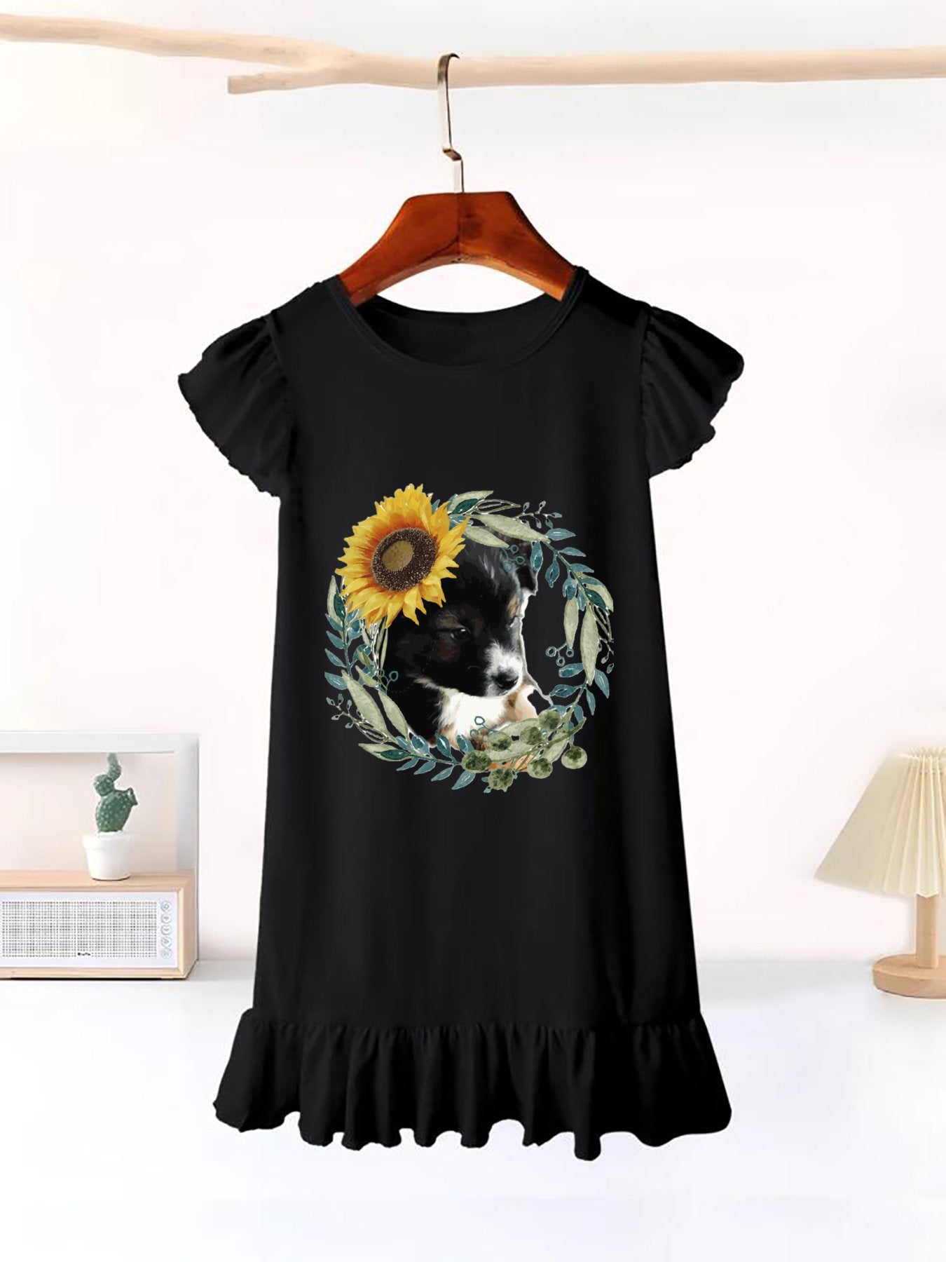 Cute Black Puppy Flutter Sleeve Dress for Girls (Front Printing)