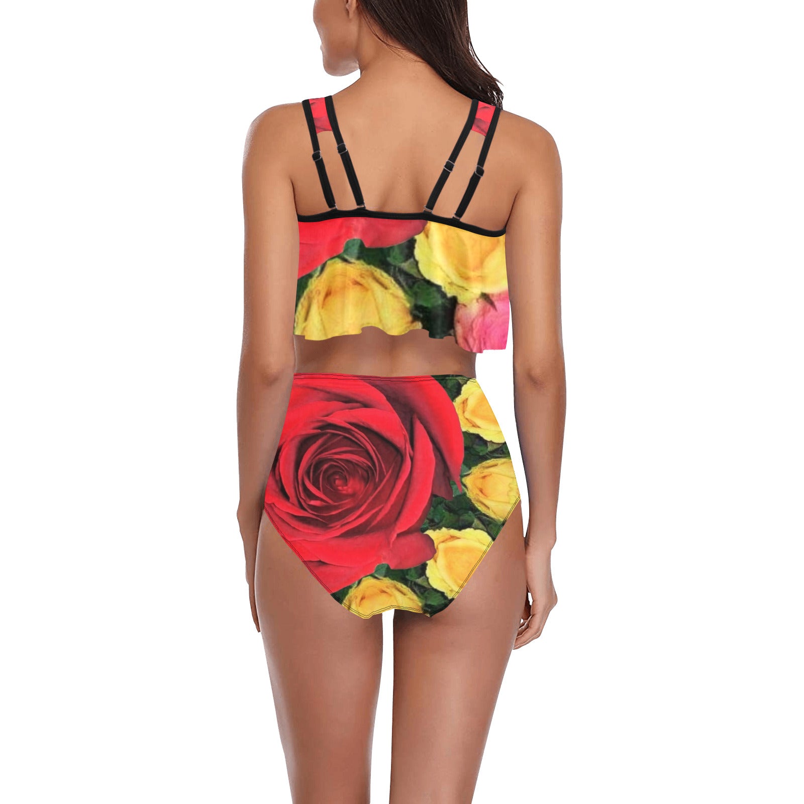 Red & Yellow Roses Ruffle Flounce High Waisted 2-piece Swimsuit