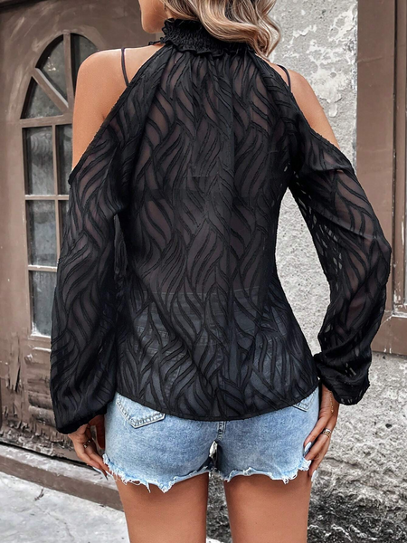 Blusa con cuello halter y hombros descubiertos de malla negra para mujer