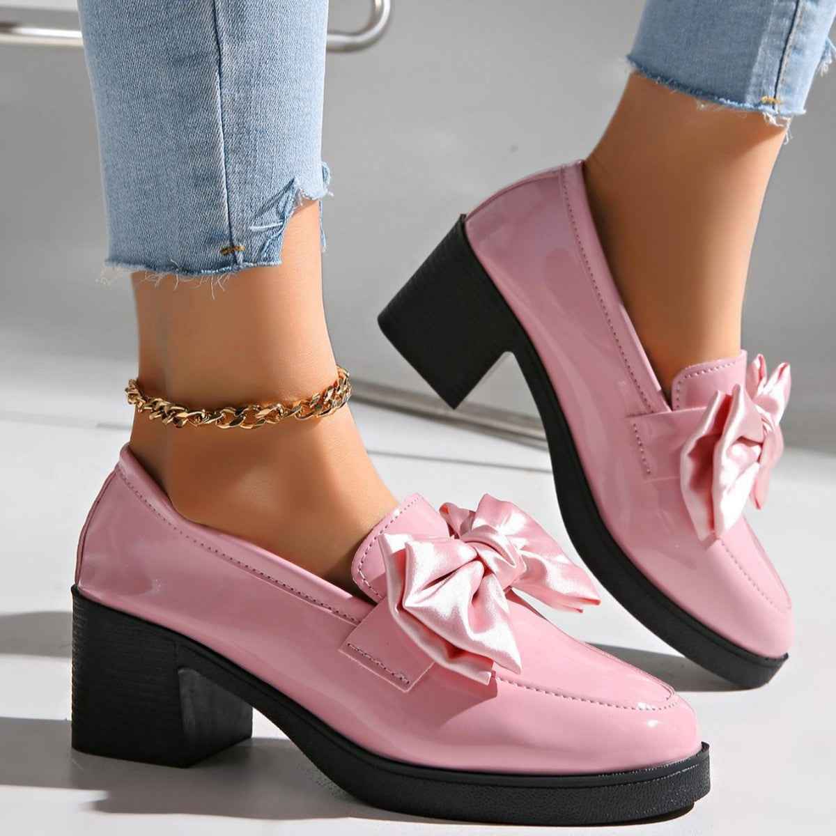 Women's Bowtie Round Toe Low Heel Pumps – Wide Size PU Casual Shoes