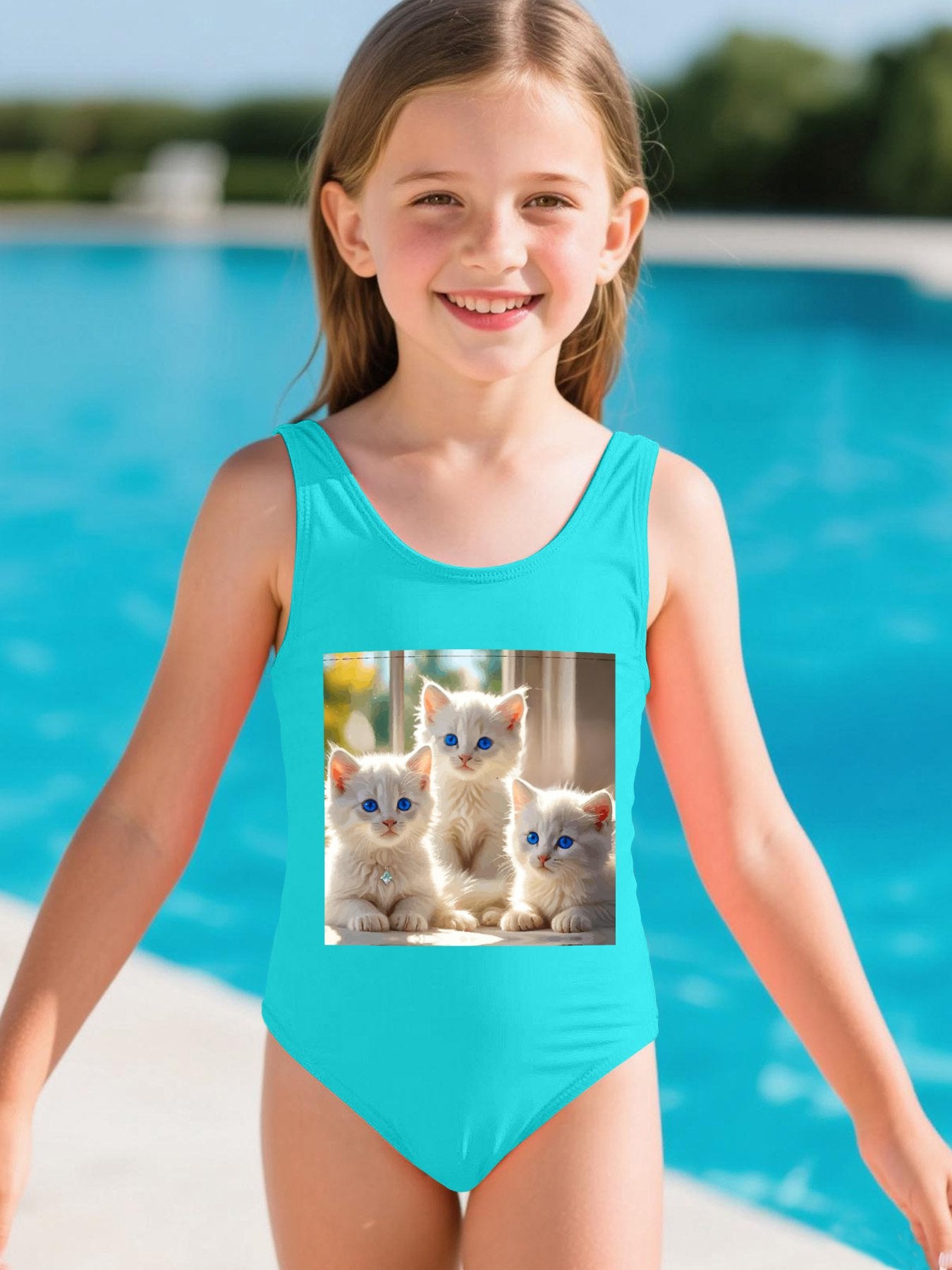 Fluffy White Kittens with Blue Eyes Girls' Summer One-Piece Swimsuit (Front Printing)