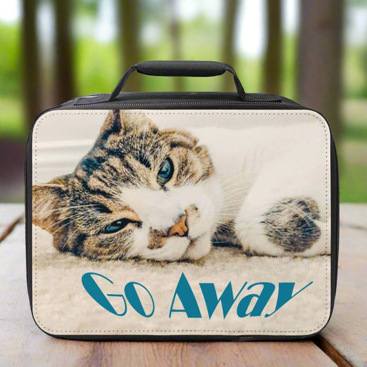 Cat with Blue Eyes says, Go Away Small Insulated Lunch Box - Shell Design Boutique