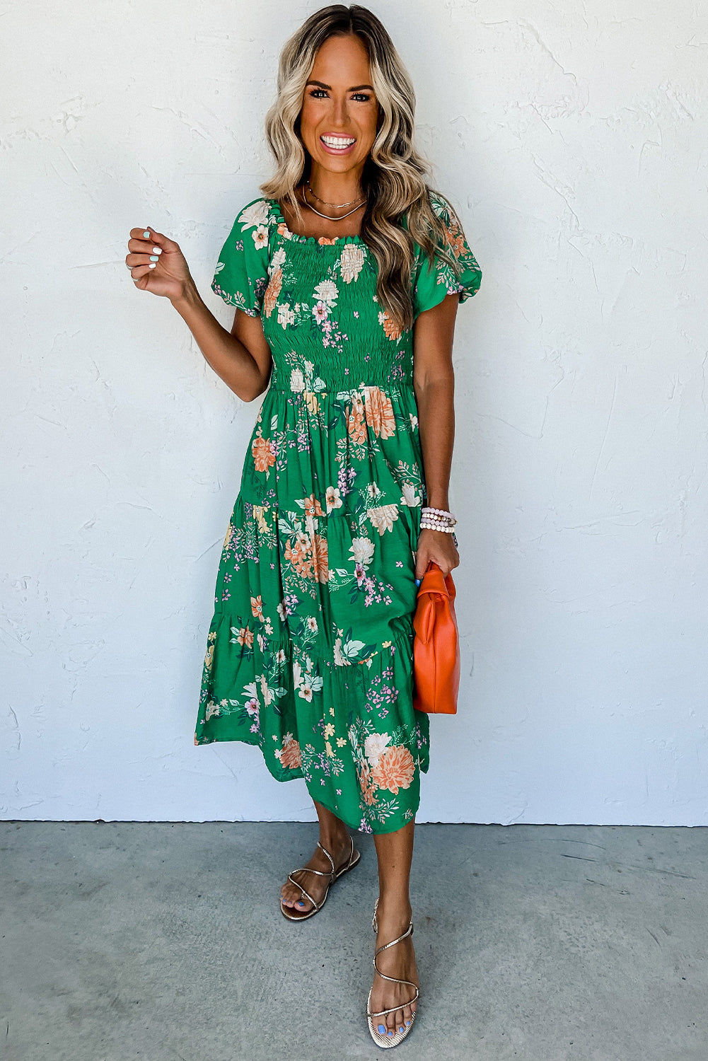 Green Floral Print Bubble Sleeve Smocked Tiered Midi Dress Green / L / 100%Viscose Green Floral Print Bubble Sleeve Smocked Tiered Midi Dress Green / L / 100%Viscose