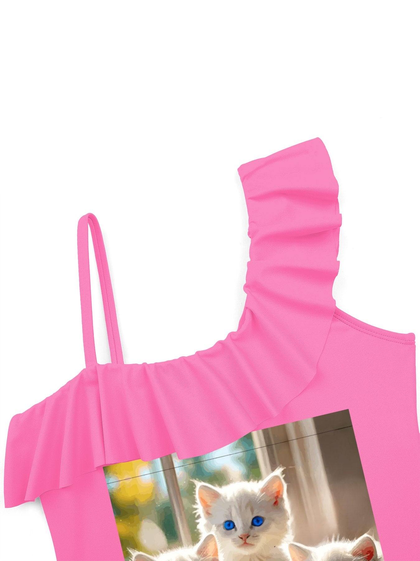 Fluffy White Kittens with Blue Eyes Girls' Ruffled One-Piece Swimsuit (Front Printing)