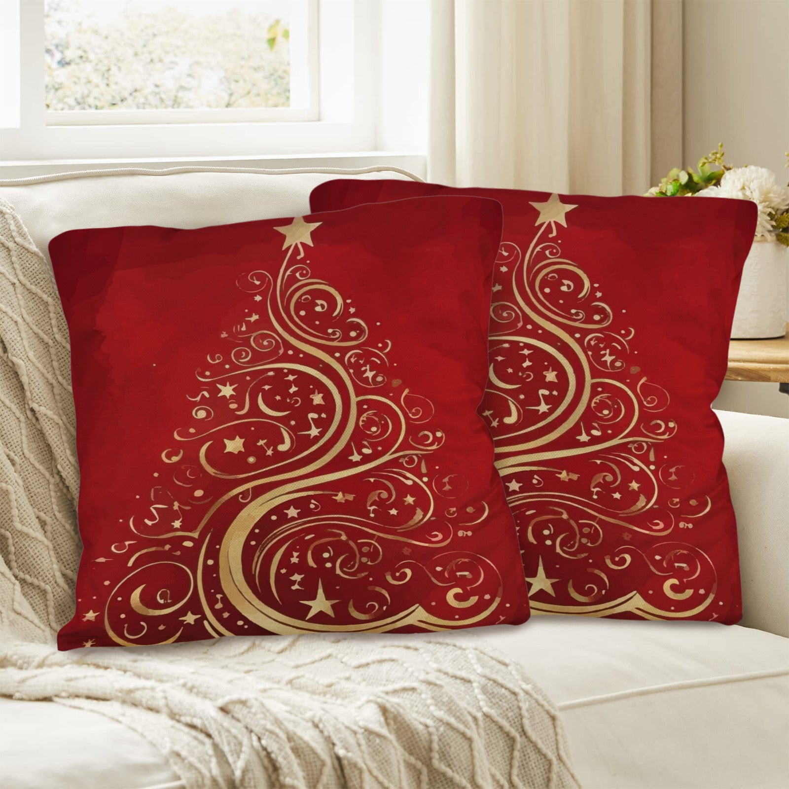 Gold Christmas Tree on Red Pillow Cases Throw Pillow Covers - 18 x 18 inch