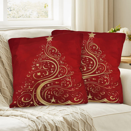 Gold Christmas Tree on Red Pillow Cases Throw Pillow Covers - 18 x 18 inch