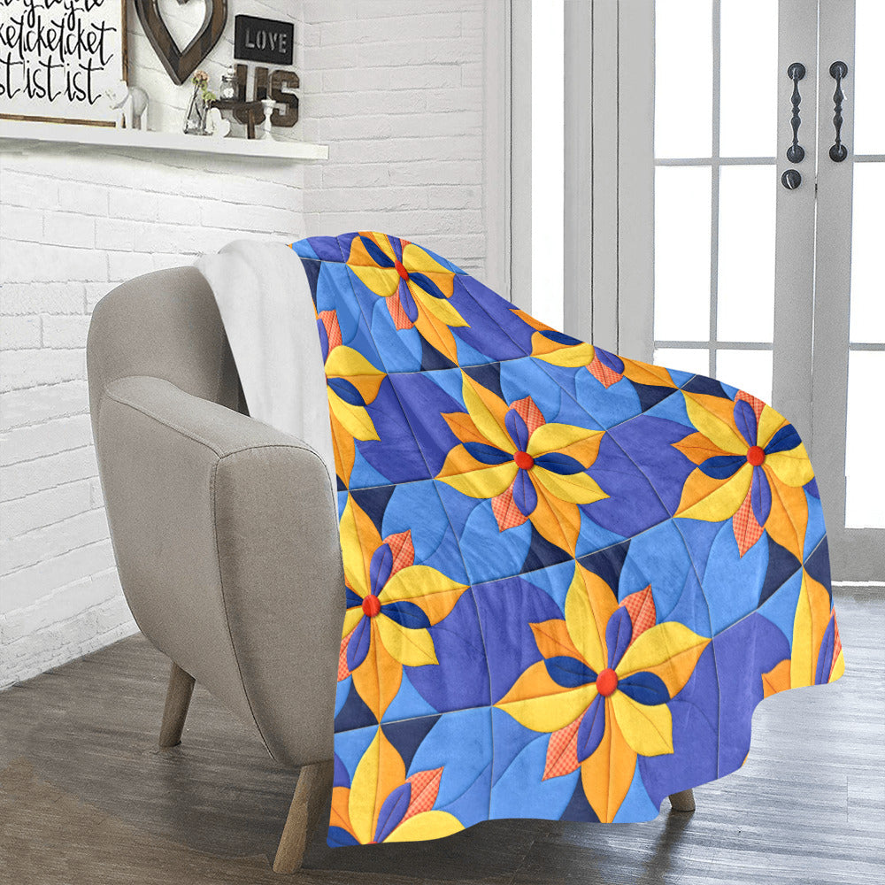 Orange Pinwheels on Blue Faux Quilt Ultra-Soft Micro Fleece Blanket (Made in USA)