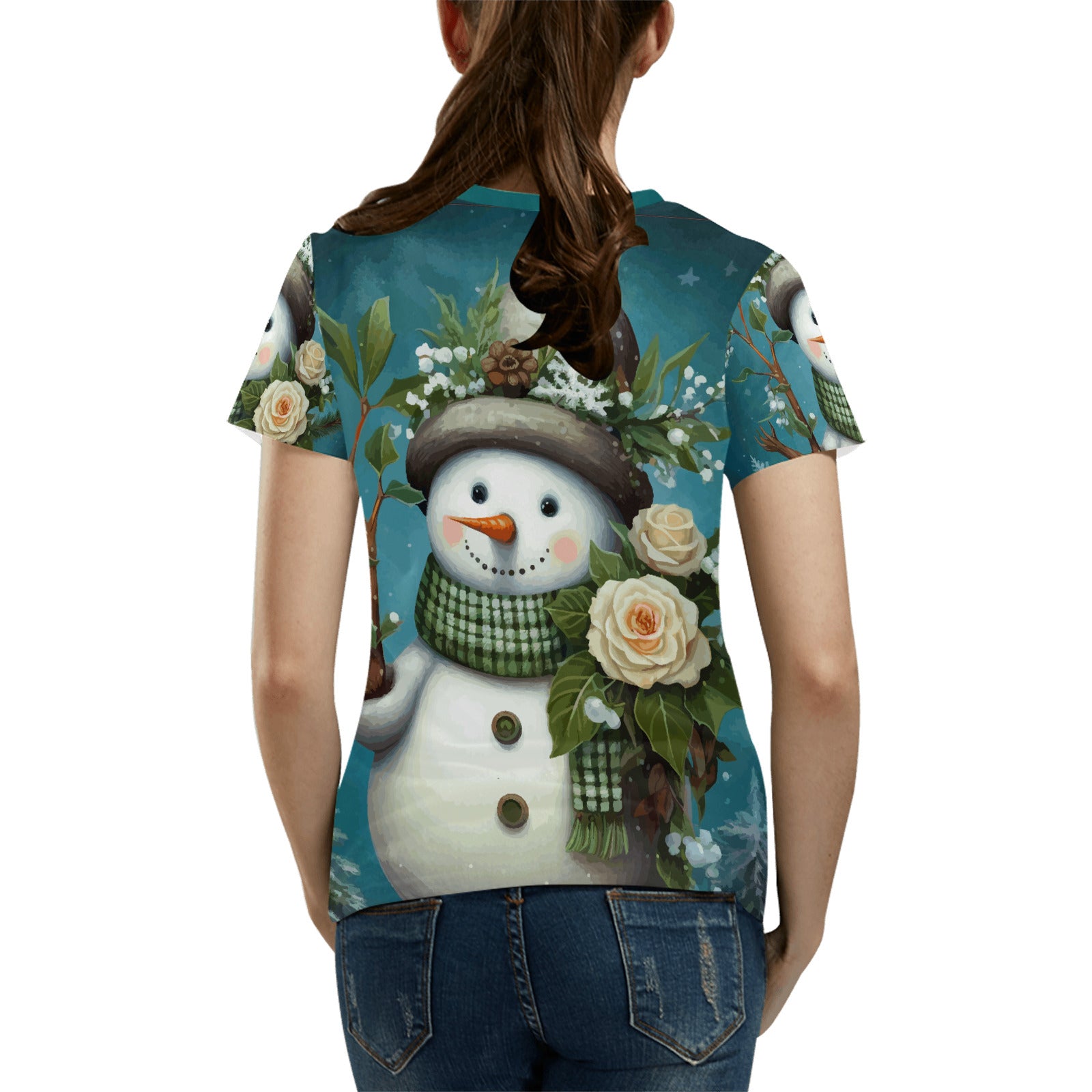 Women's Teal Snowman Printed T-shirt (Made in USA)