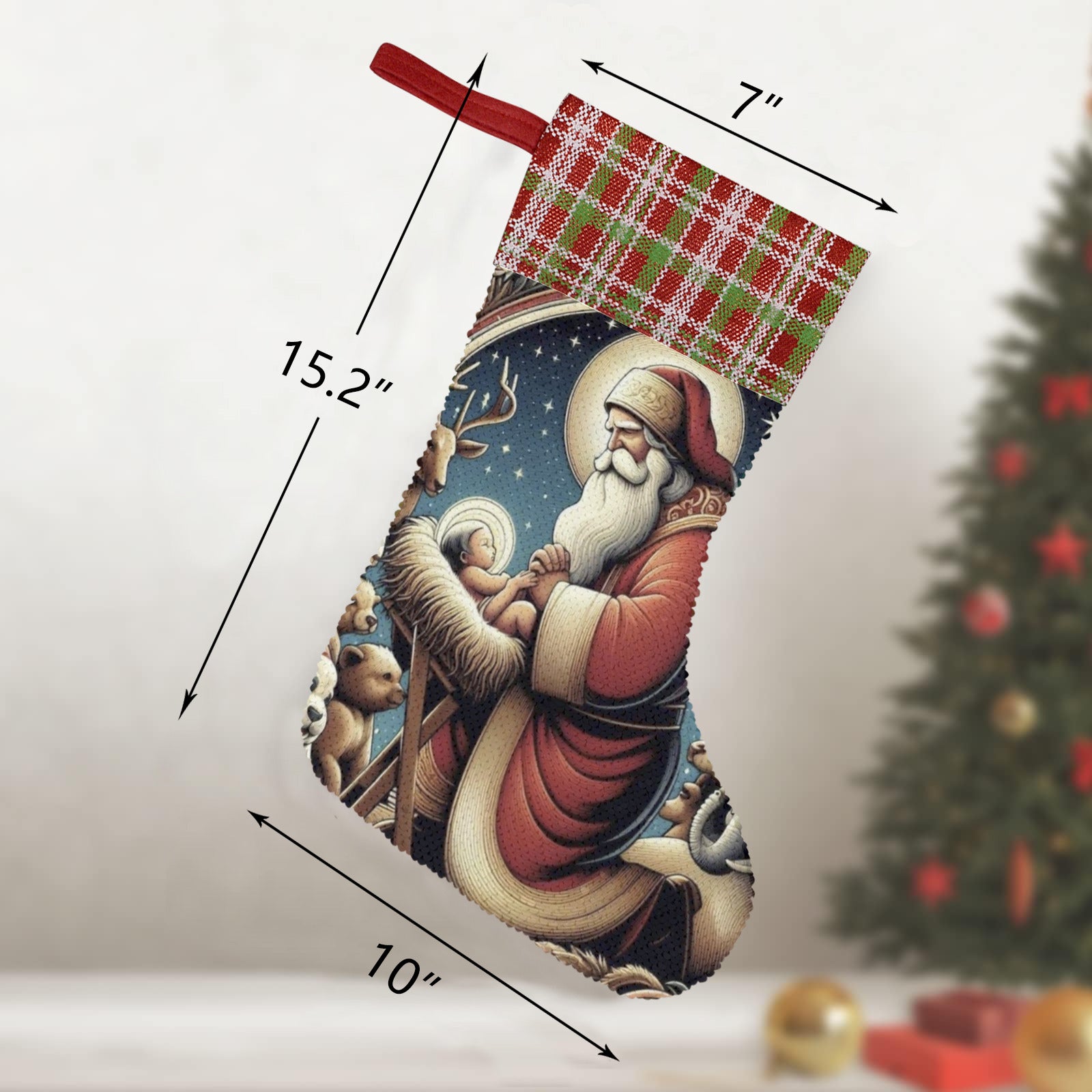 Santa with Baby Jesus Sequin Christmas Stocking (Made in USA)