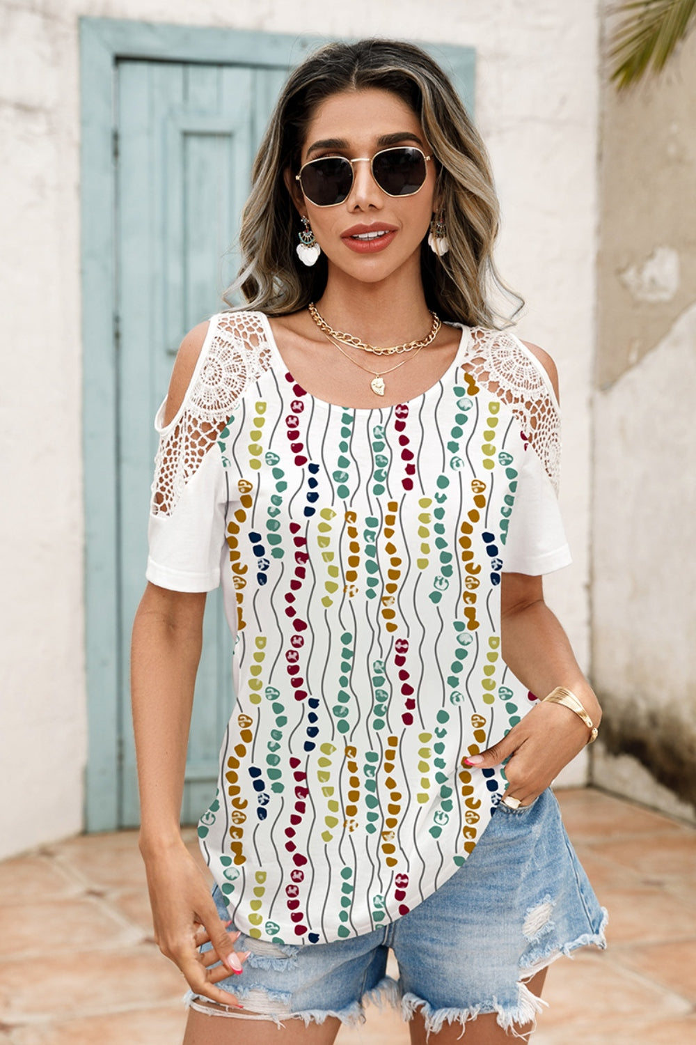 Women's Lace Detail Cold Shoulder Printed White Blouse