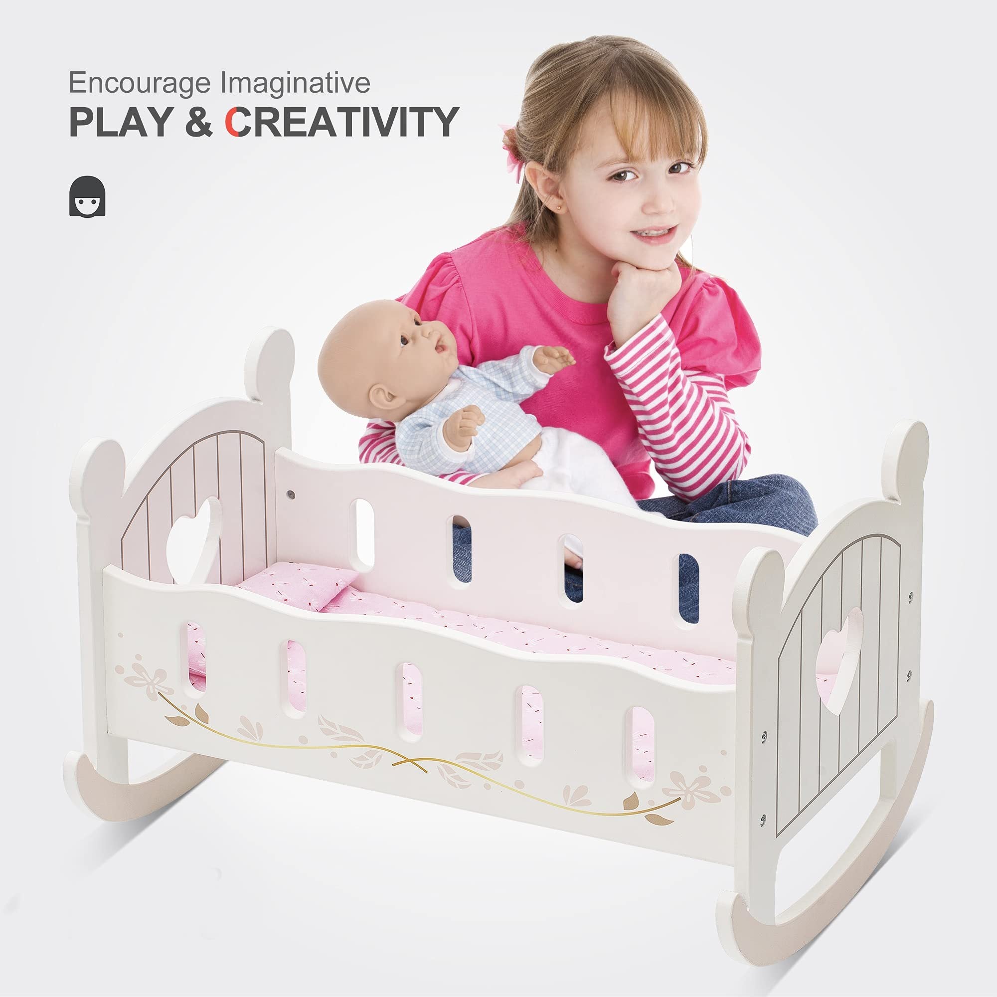 Wooden Doll Bed Cradle with Bedding For Dolls Up to 18 Inches