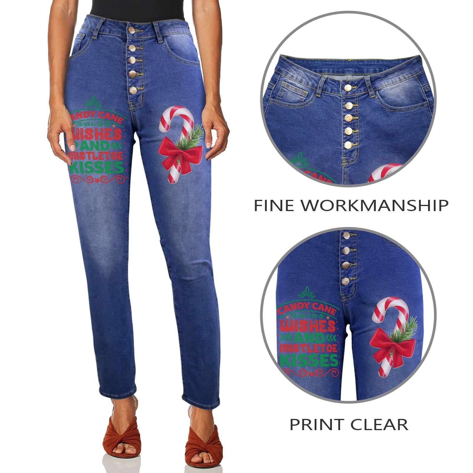 Candy Cane Kisses Women's Jeans (Front Printing) (Model L75)
