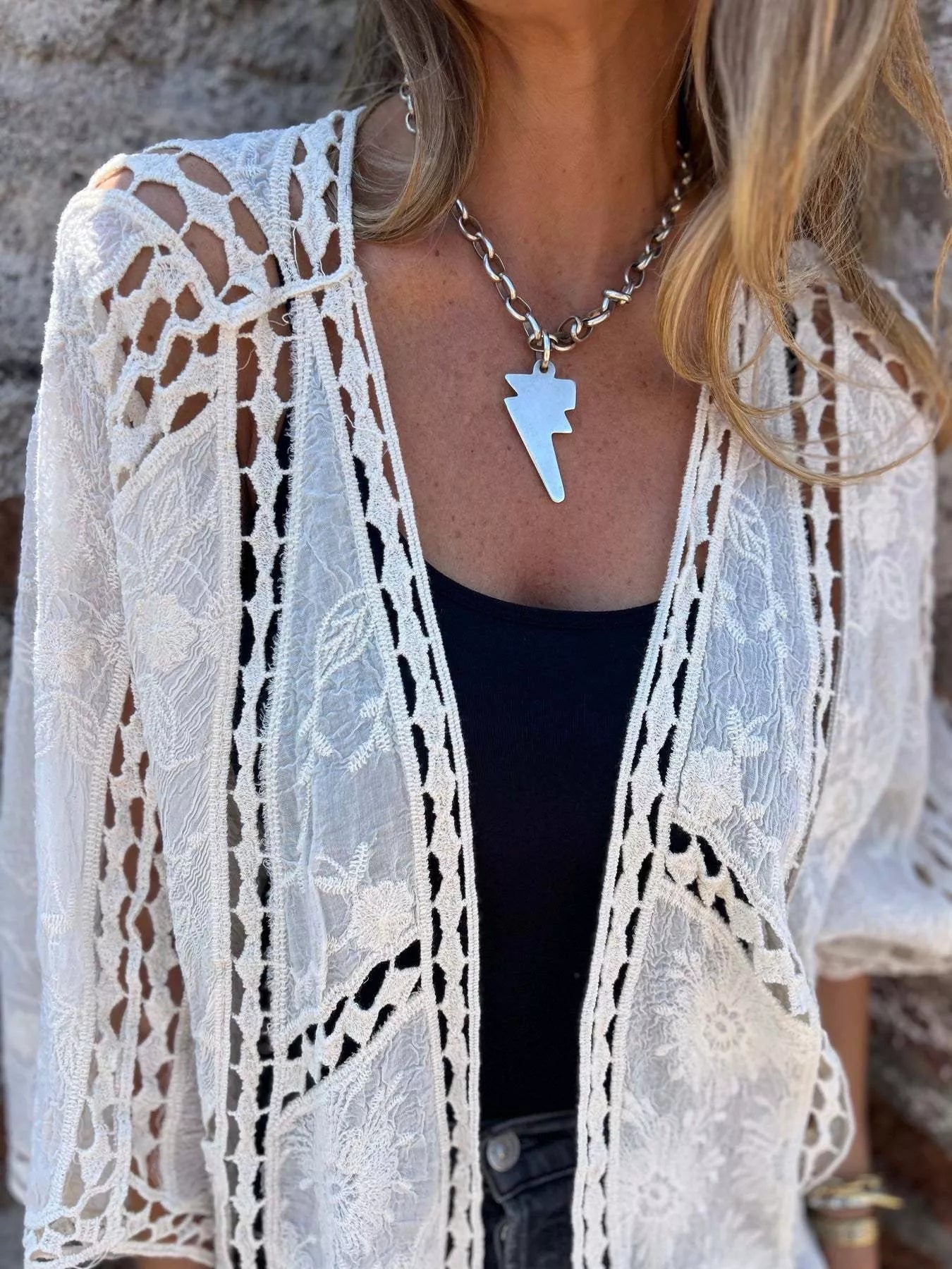 Women's Plus Size Embroidered Lacy Open Front Cardigan