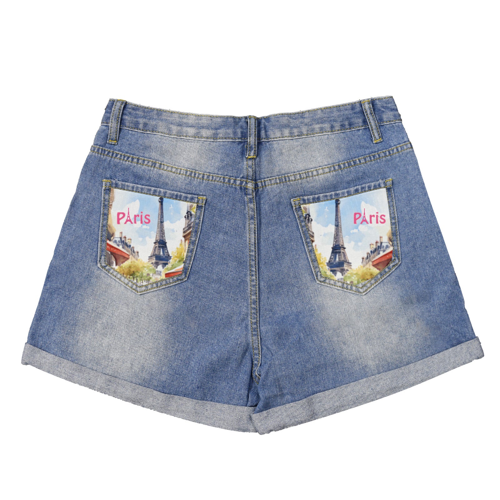 Eiffel Tower in Paris Light-Wash Blue Denim Shorts (Dual Pockets Print)