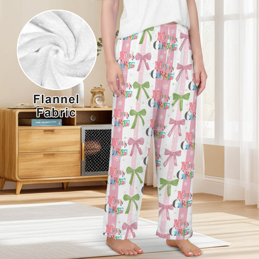 Pink Coquette Merry Christmas Women's Flannel Pajama Pants (Made in USA)