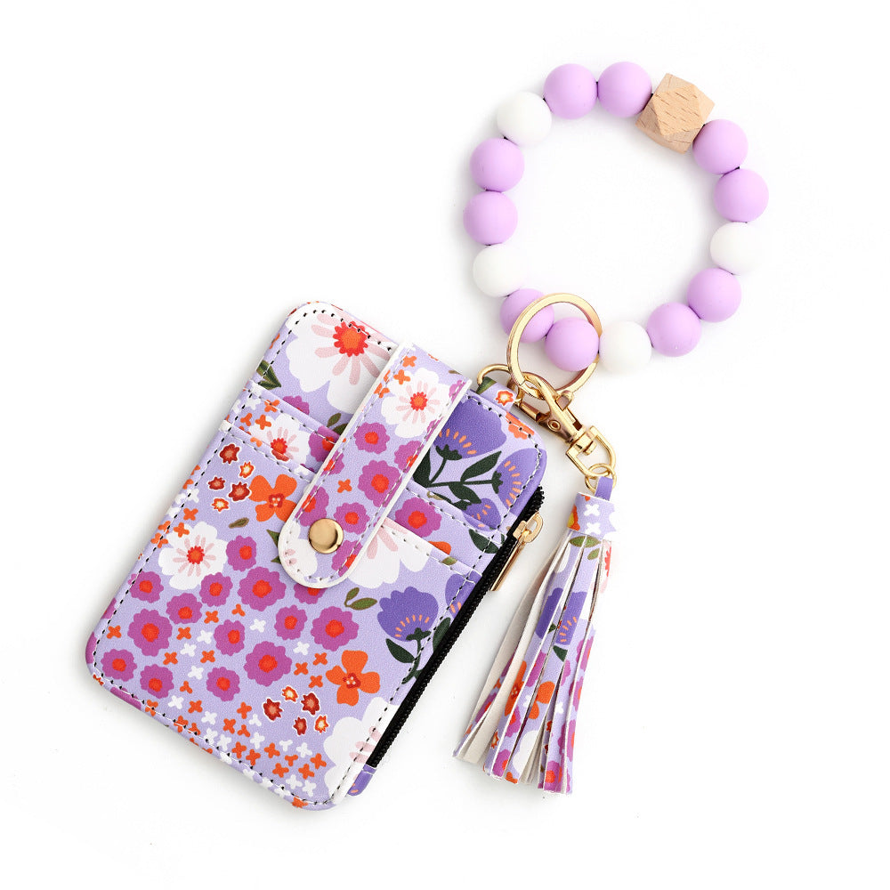 Women's Floral Print Leather Card Wallet and Keychain