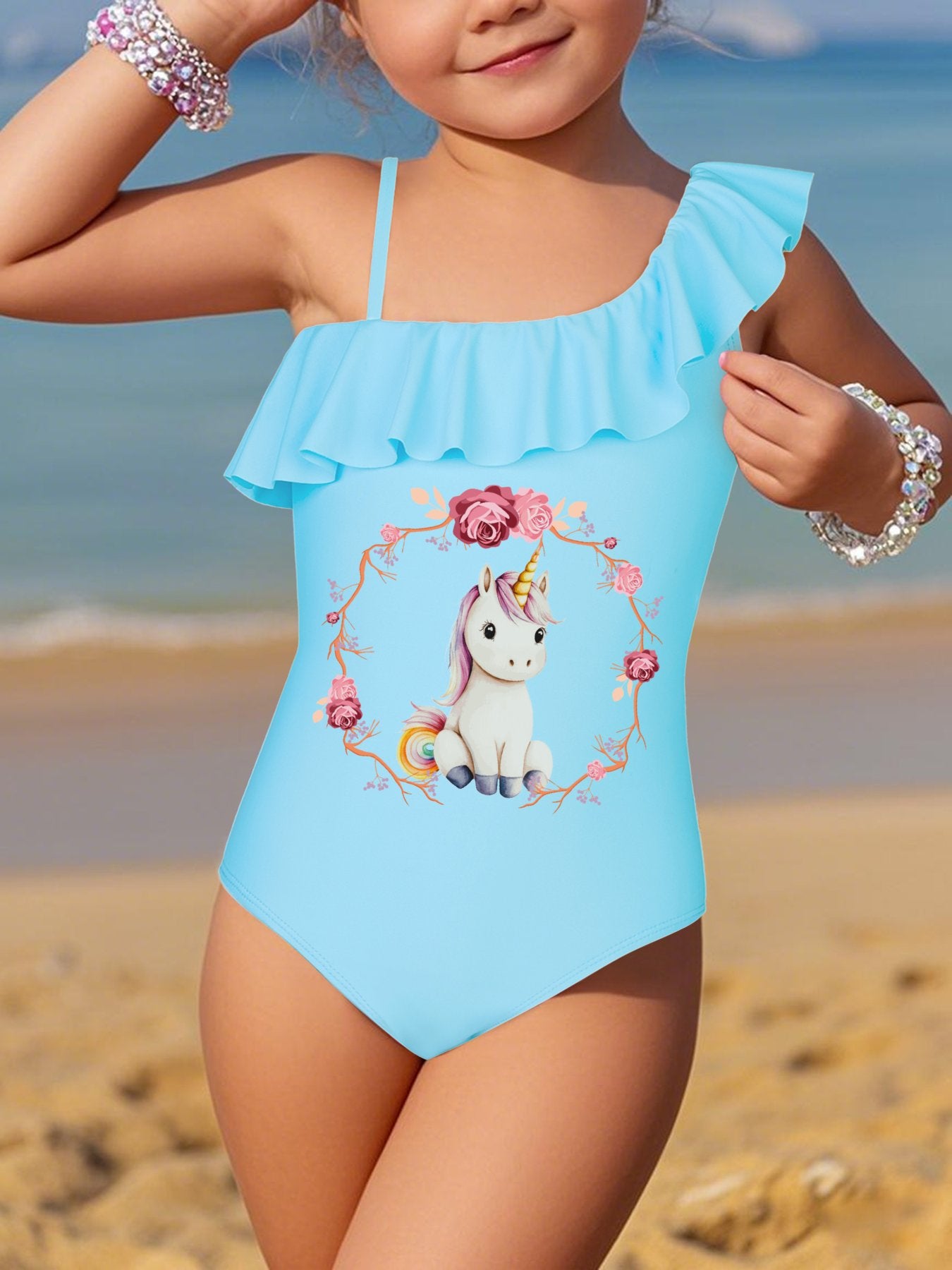 Baby Unicorn with Pink Roses Girls' Ruffled One-Piece Swimsuit (Front Printing)