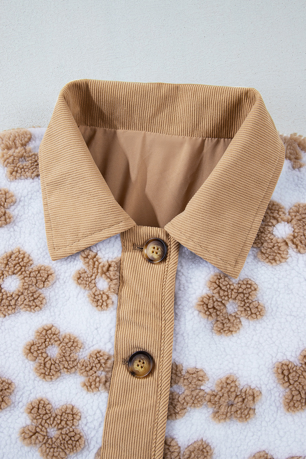 Beige Floral Button-Up Fleece Pocketed Jacket