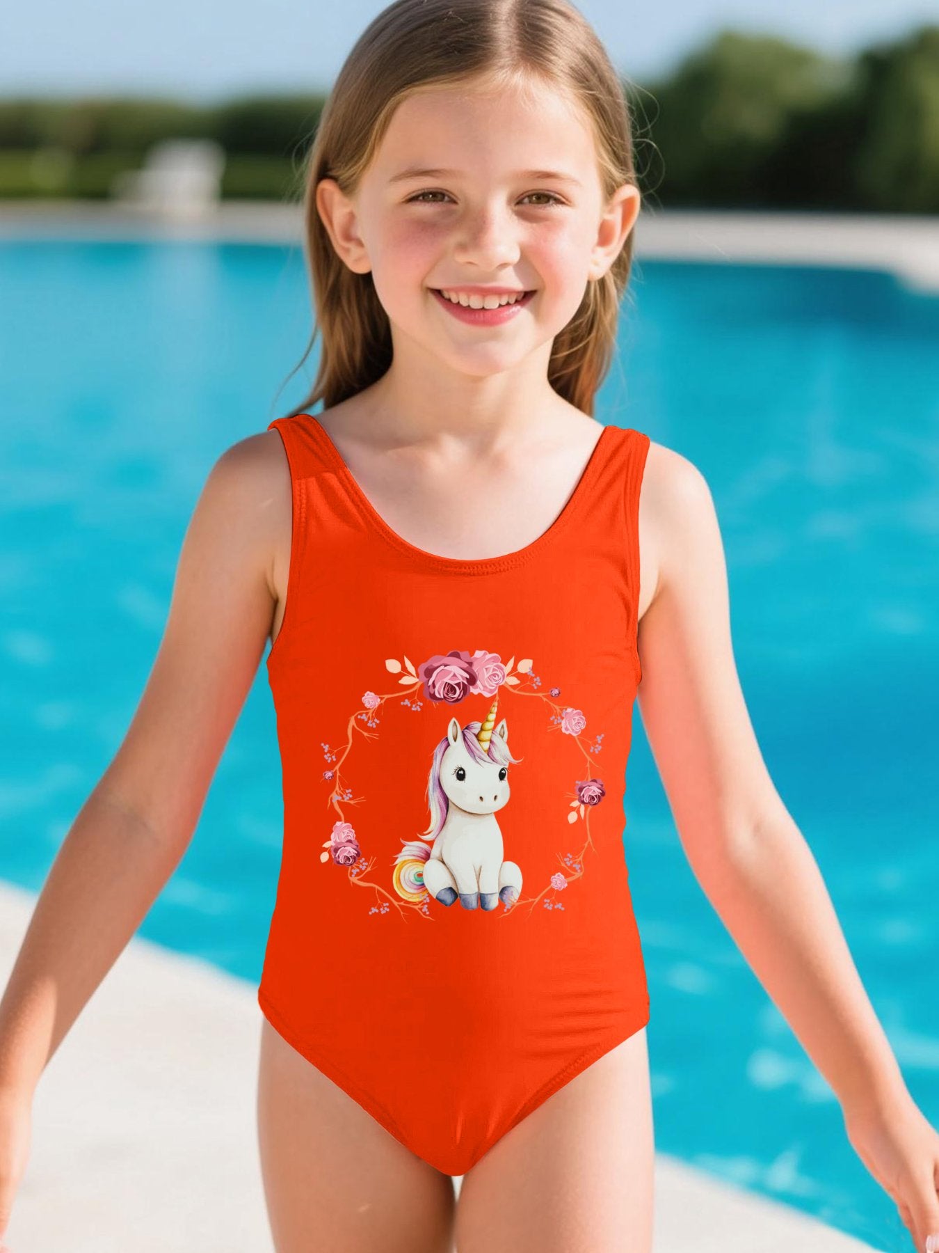 Baby Unicorn with Pink Roses Girls' Summer One-Piece Swimsuit (Front Printing)