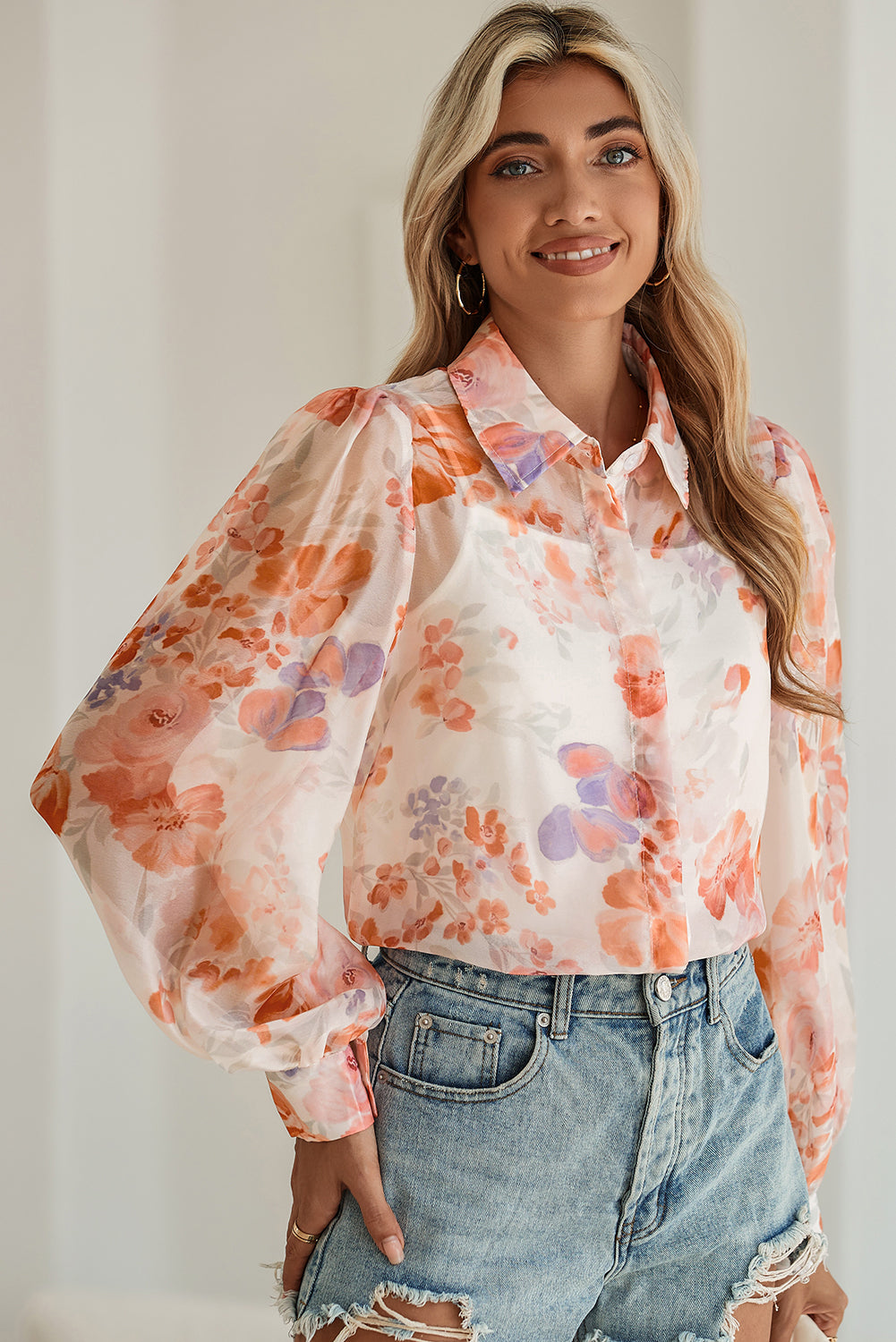 Women's White Floral Print Balloon Sleeve Loose Shirt