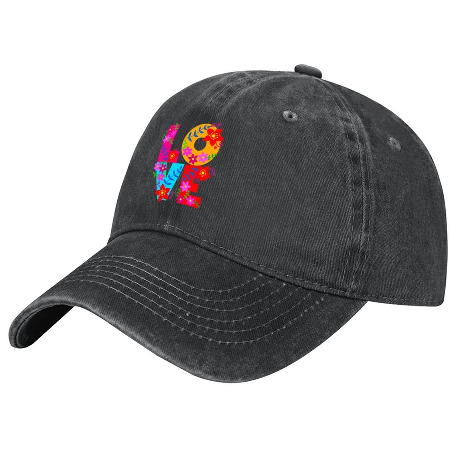 Floral LOVE Cotton Vintage Washed Denim Baseball Cap (Front Printing)
