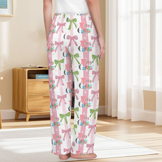 Pink Coquette Merry Christmas Women's Flannel Pajama Pants (Made in USA)