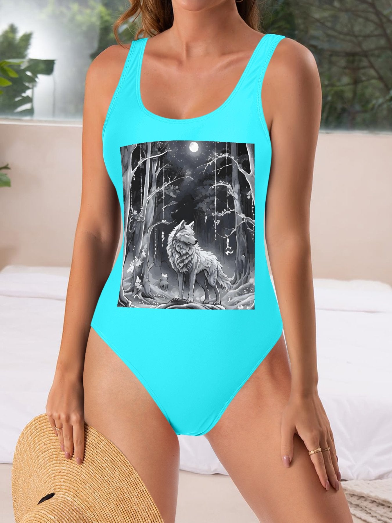 Ethereal Wolf in the Moonlight One-piece Swimsuit Bikini (Front Printing)