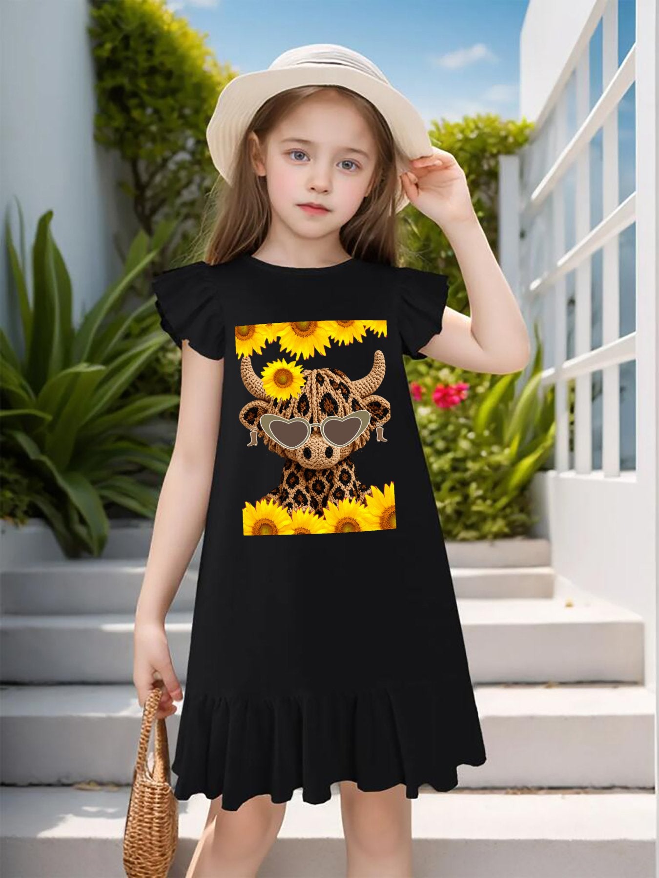 Yarn Highland Calf with Sunglasses Flutter Sleeve Dress for Girls (Front Printing)