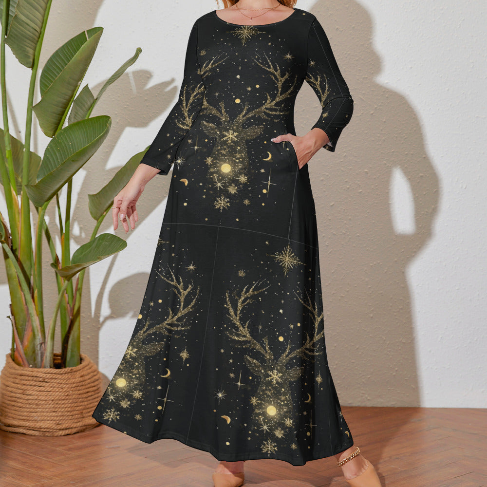 Women's Sparkle Reindeer Plus Size Crew Neck Long Sleeve Maxi Dress