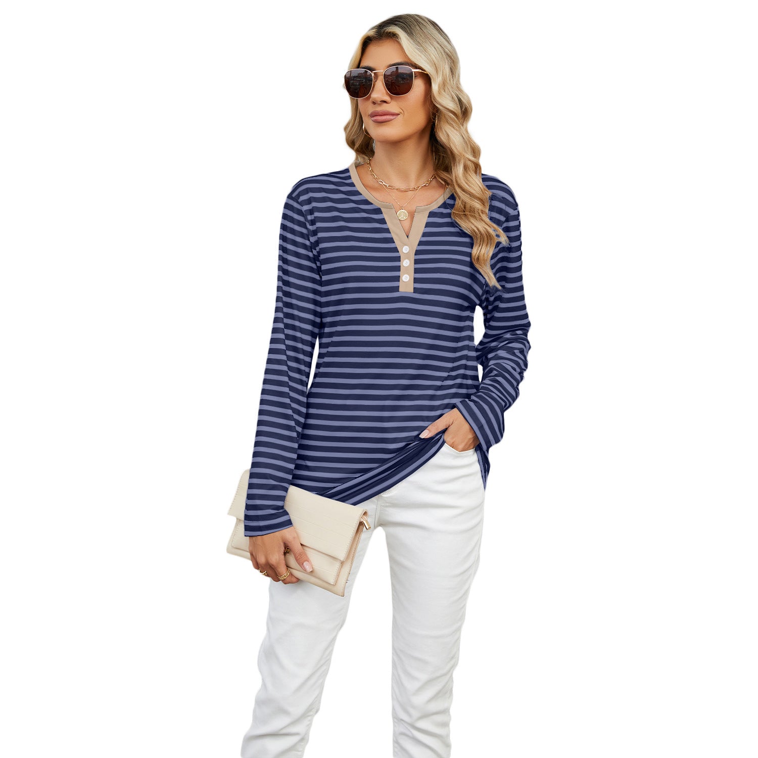 Women's V-neck Striped Loose Long-sleeved T-shirt