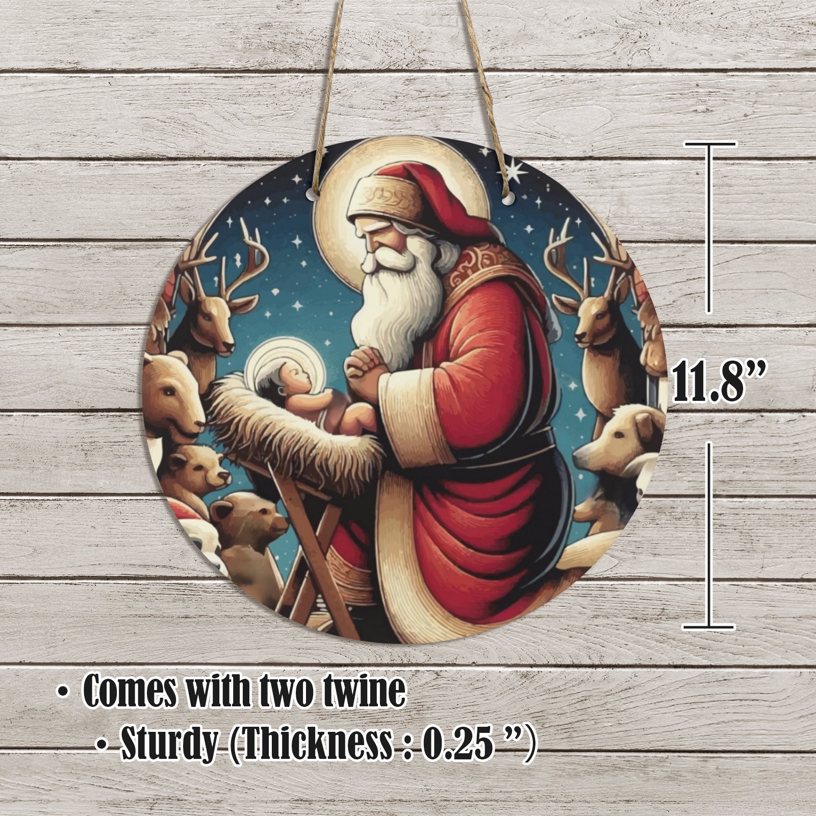 Santa with Baby Jesus Round Wooden Door Sign 11.8'' (Made in USA)