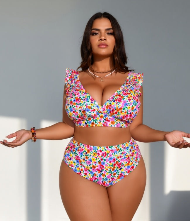 Women's Plus Size Colorful Floral Pattern Ruffled 2-piece Casual Swimsuit