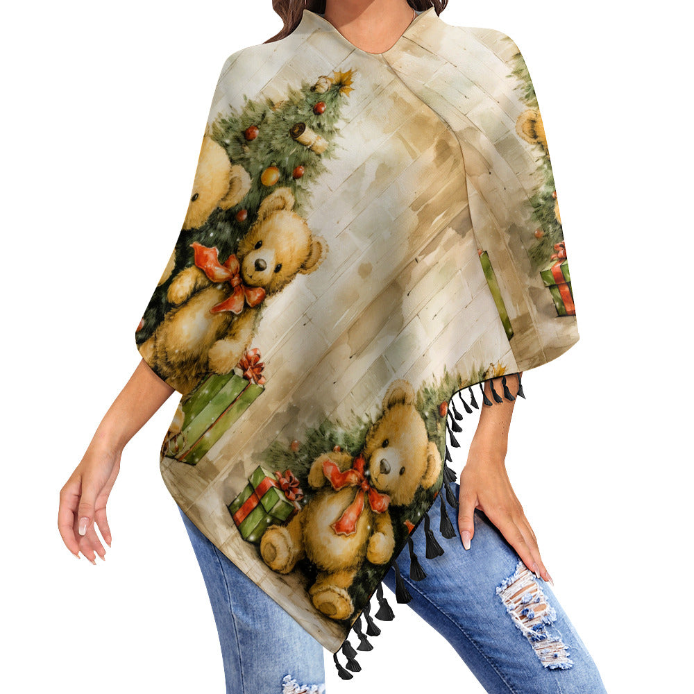 Women's Christmas Designs Knitted Cape With Fringed Edge