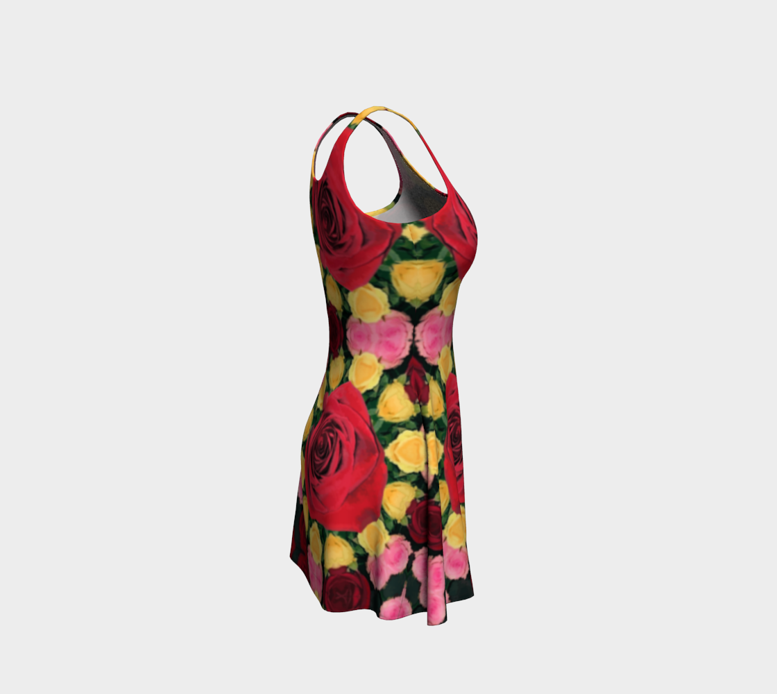 Women's Red and Yellow Roses Flared Bottom Mini Dress XS Women's Red and Yellow Roses Flared Bottom Mini Dress XS