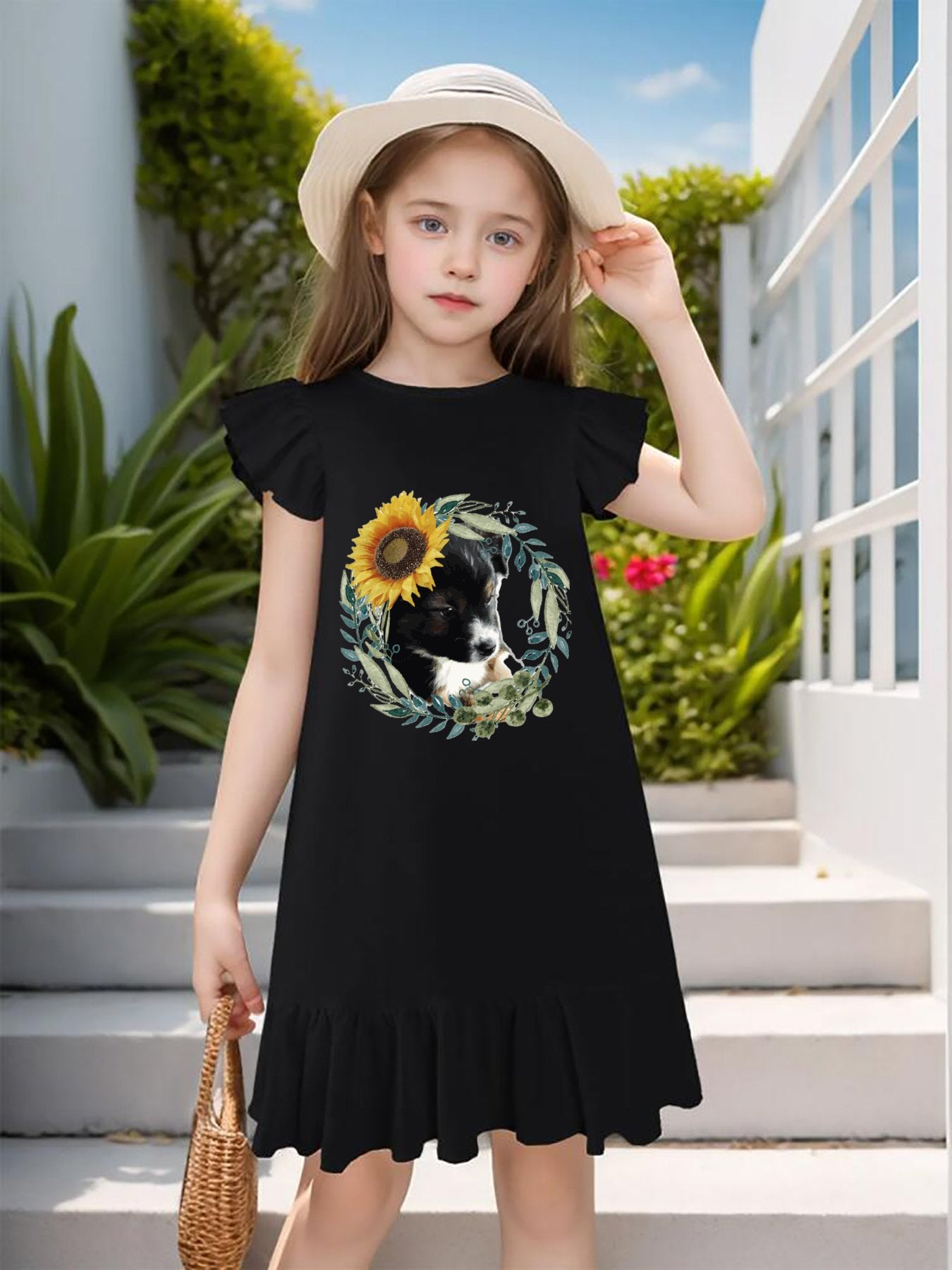 Cute Black Puppy Flutter Sleeve Dress for Girls (Front Printing)