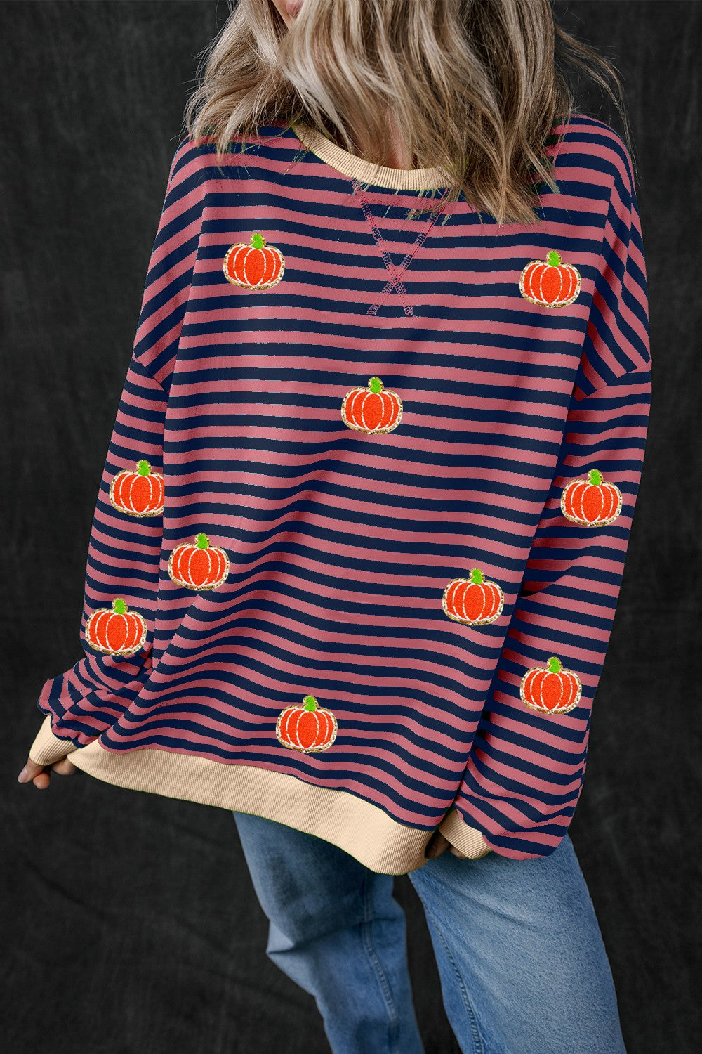 Women's Pumpkin Striped Long Sleeve Sweatshirt