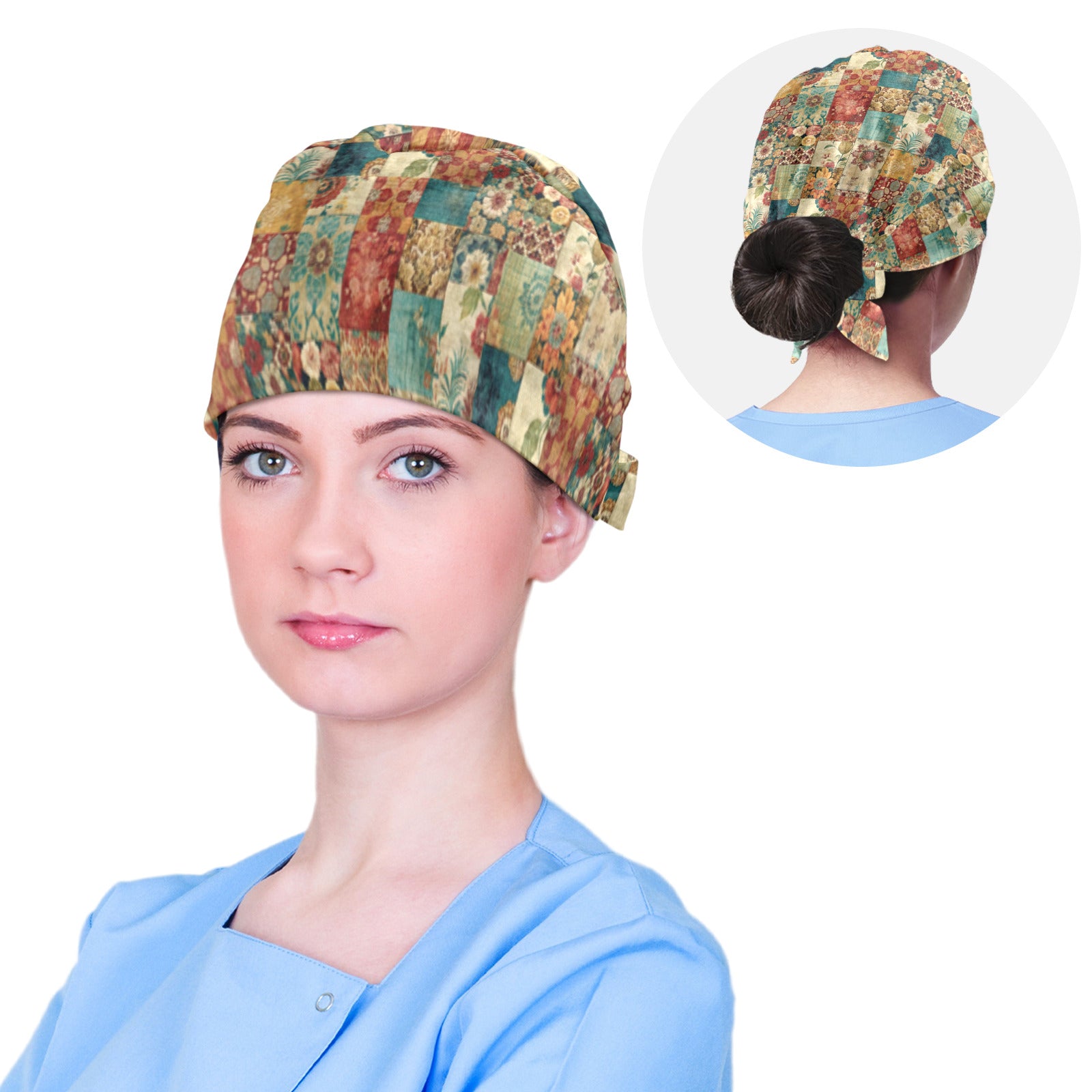 Old Fashioned Faux Patchwork Quilt Pattern Medical Scrub Cap (Made in USA)