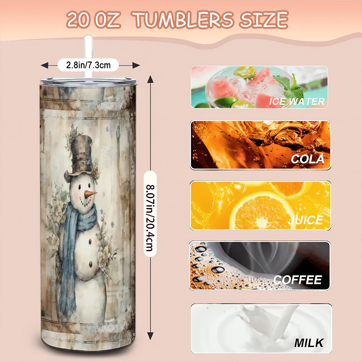 Watercolor Snowman 20oz Straight Stainless Steel Tumbler with Straw (Made in USA)