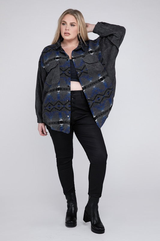 Women's Plus Size Printed Button Down Long Sleeve Jacket