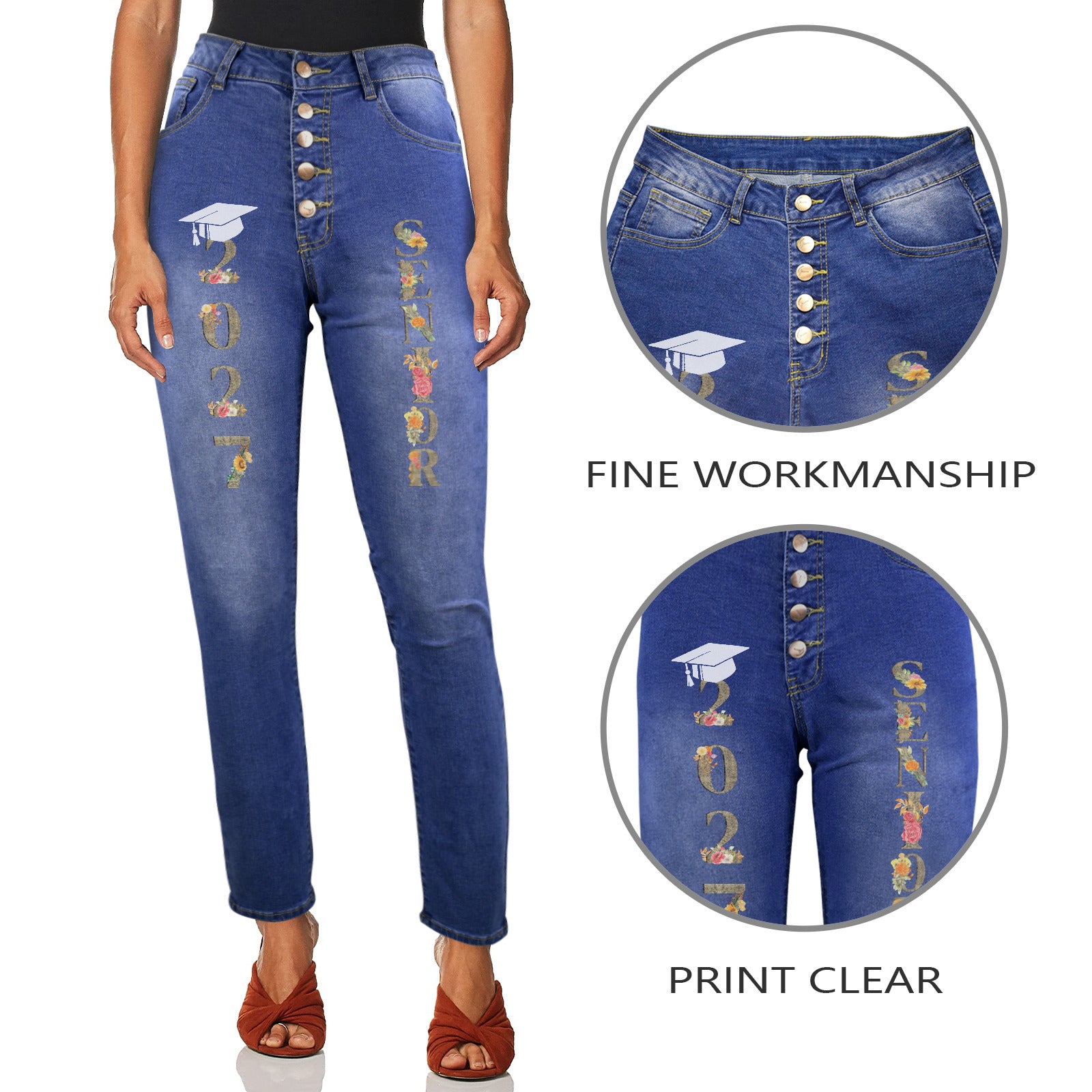 Women's 2027 Senior Floral Decorated Jeans with Front Printing