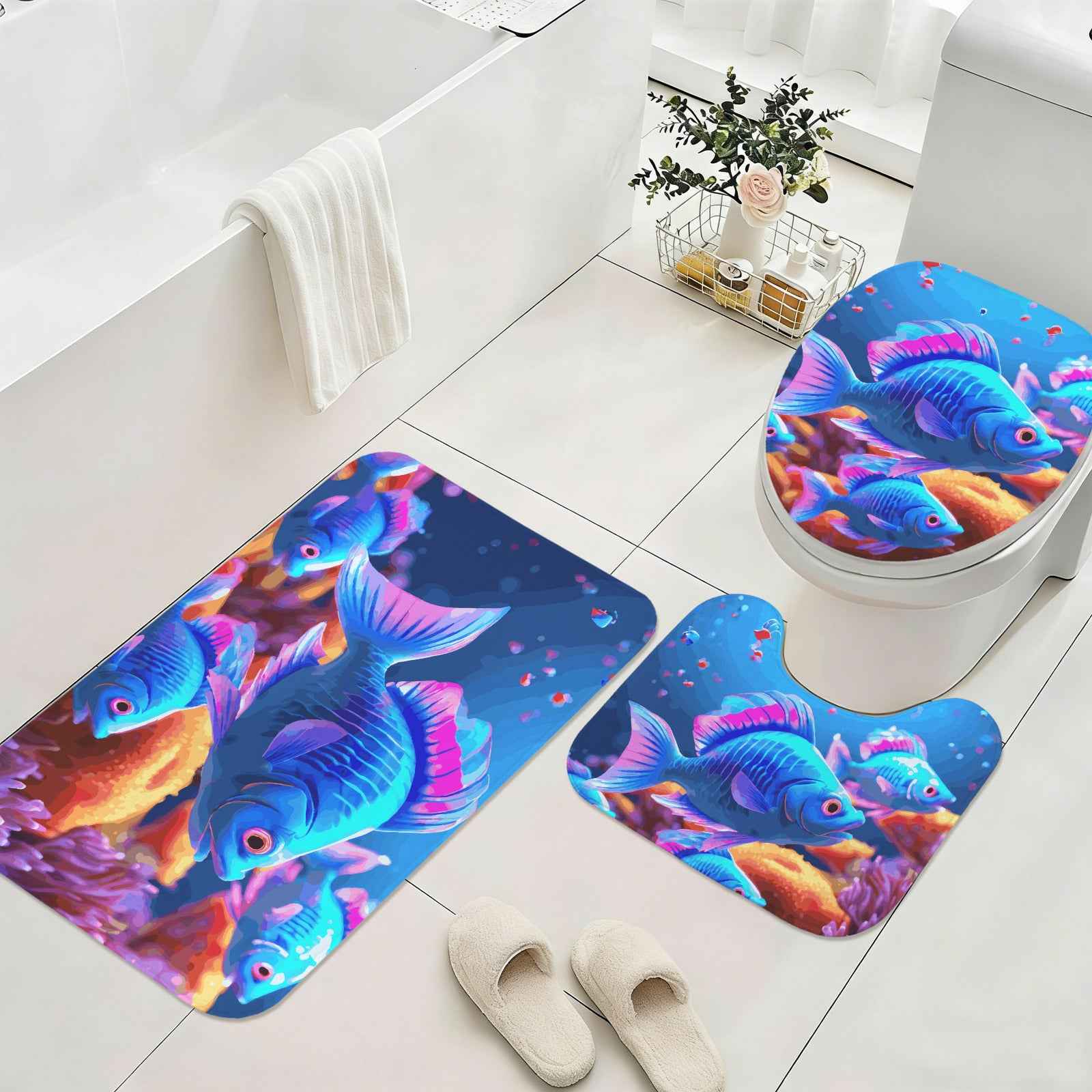 Blue Fish 3-Piece Bathroom Rug Set