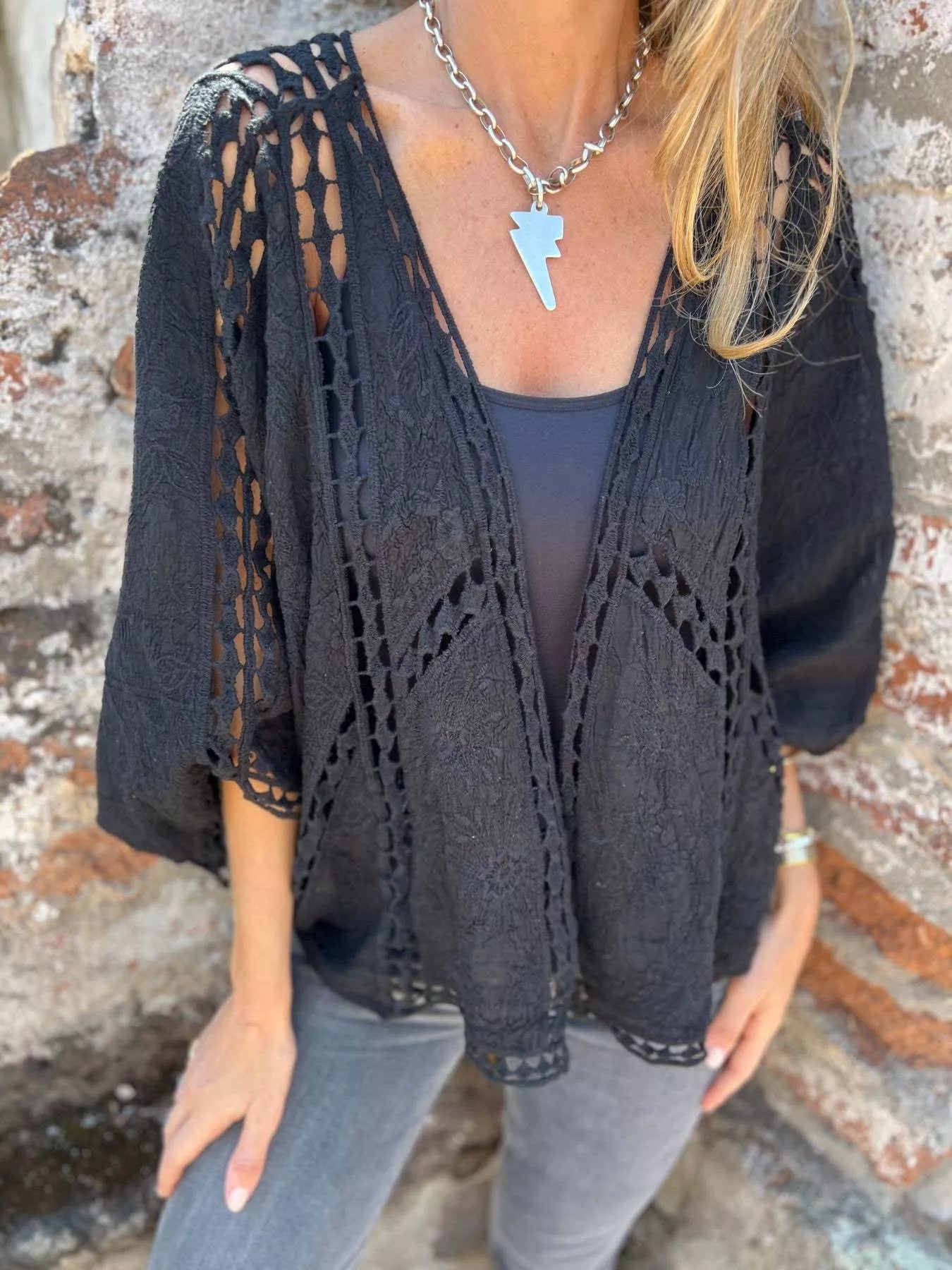 Women's Plus Size Embroidered Lacy Open Front Cardigan