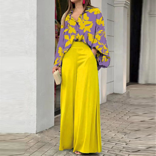 Elegant Colorful Printed Shirt plus Wide Leg Pants 2-piece Set