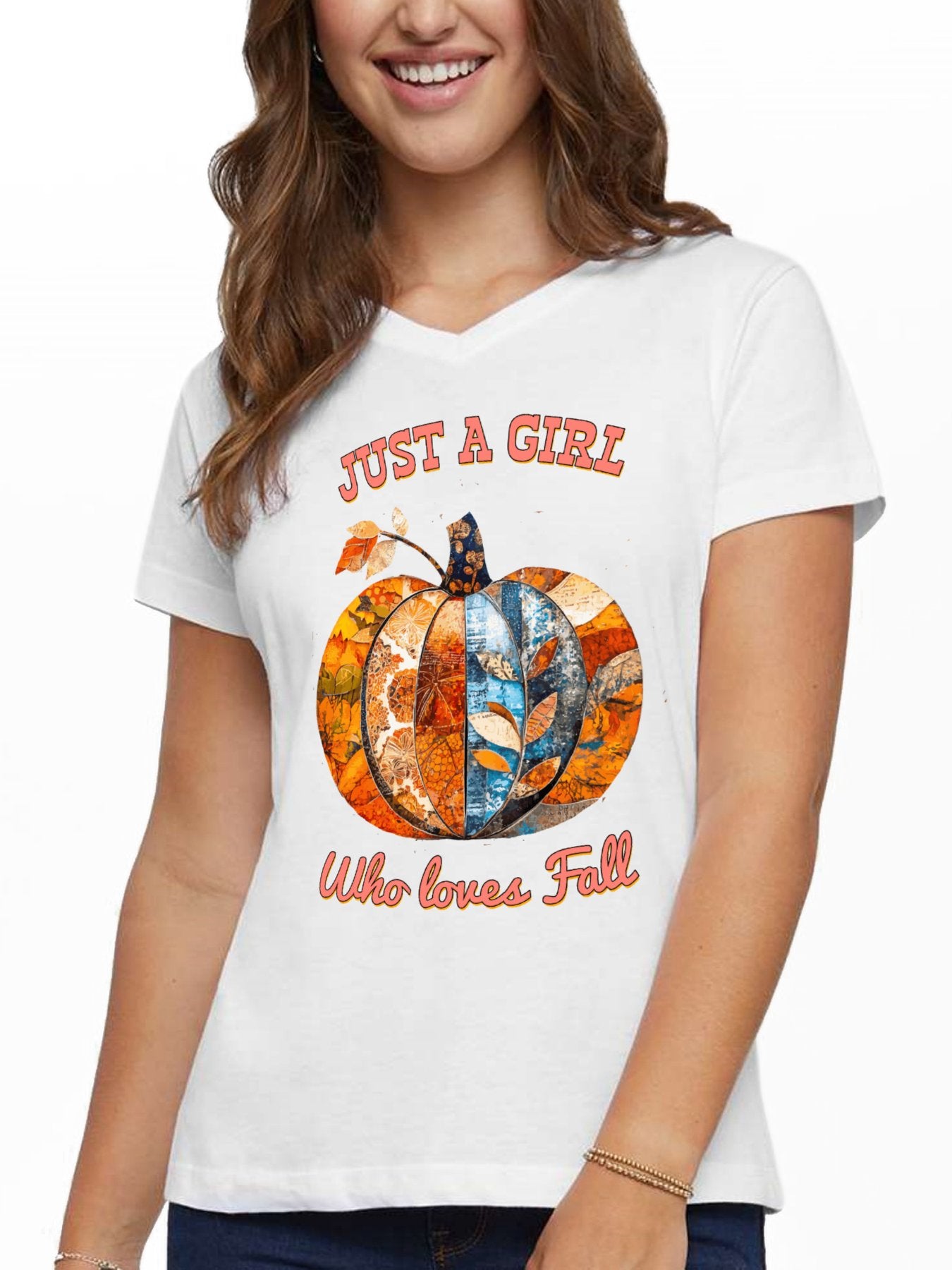 Just a Girl Who Loves Fall Pumpkins Cotton V-neck T-shirt for Women (Front Printing)