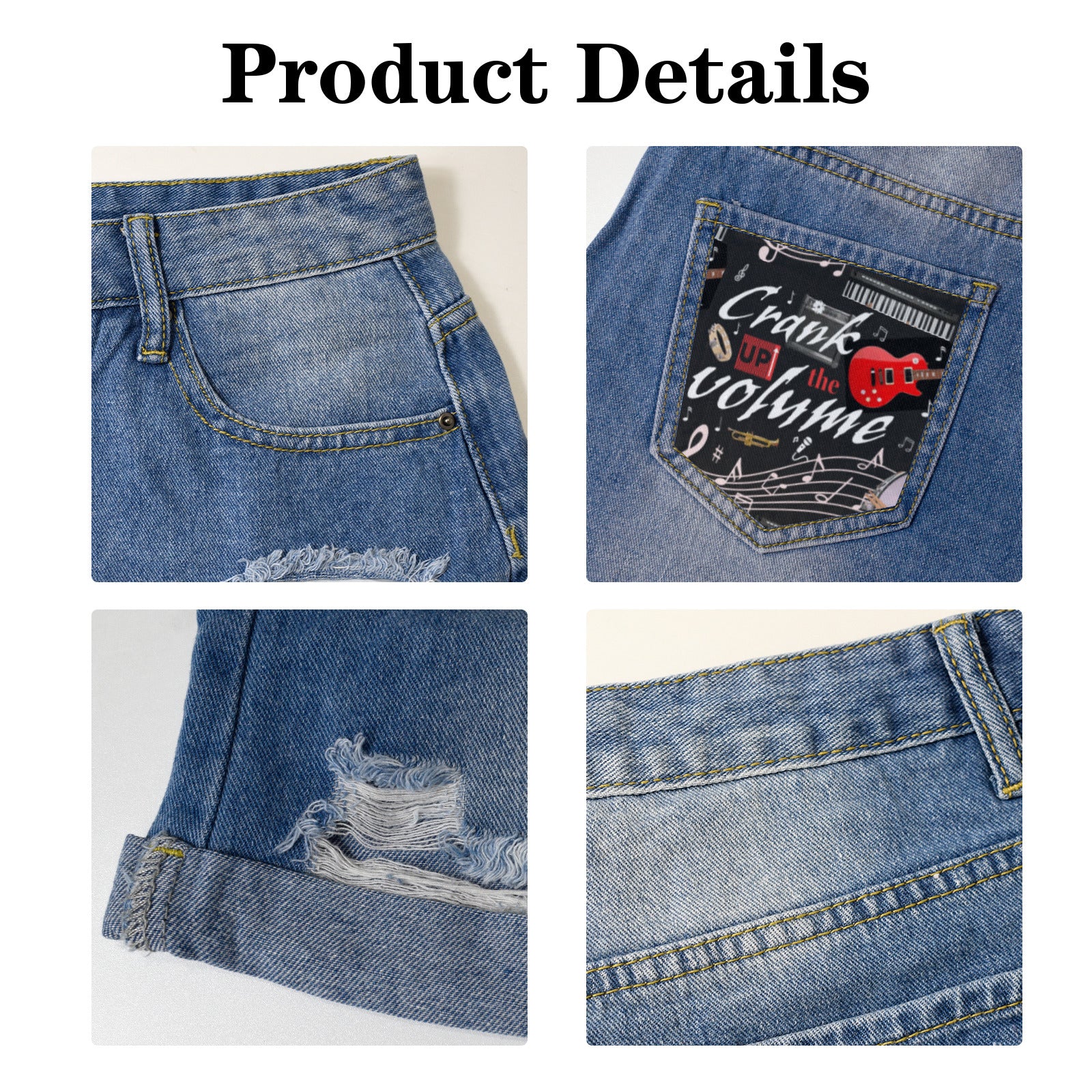 Crank Up the Volume Light-Wash Blue Denim Shorts (Dual Pockets Print)