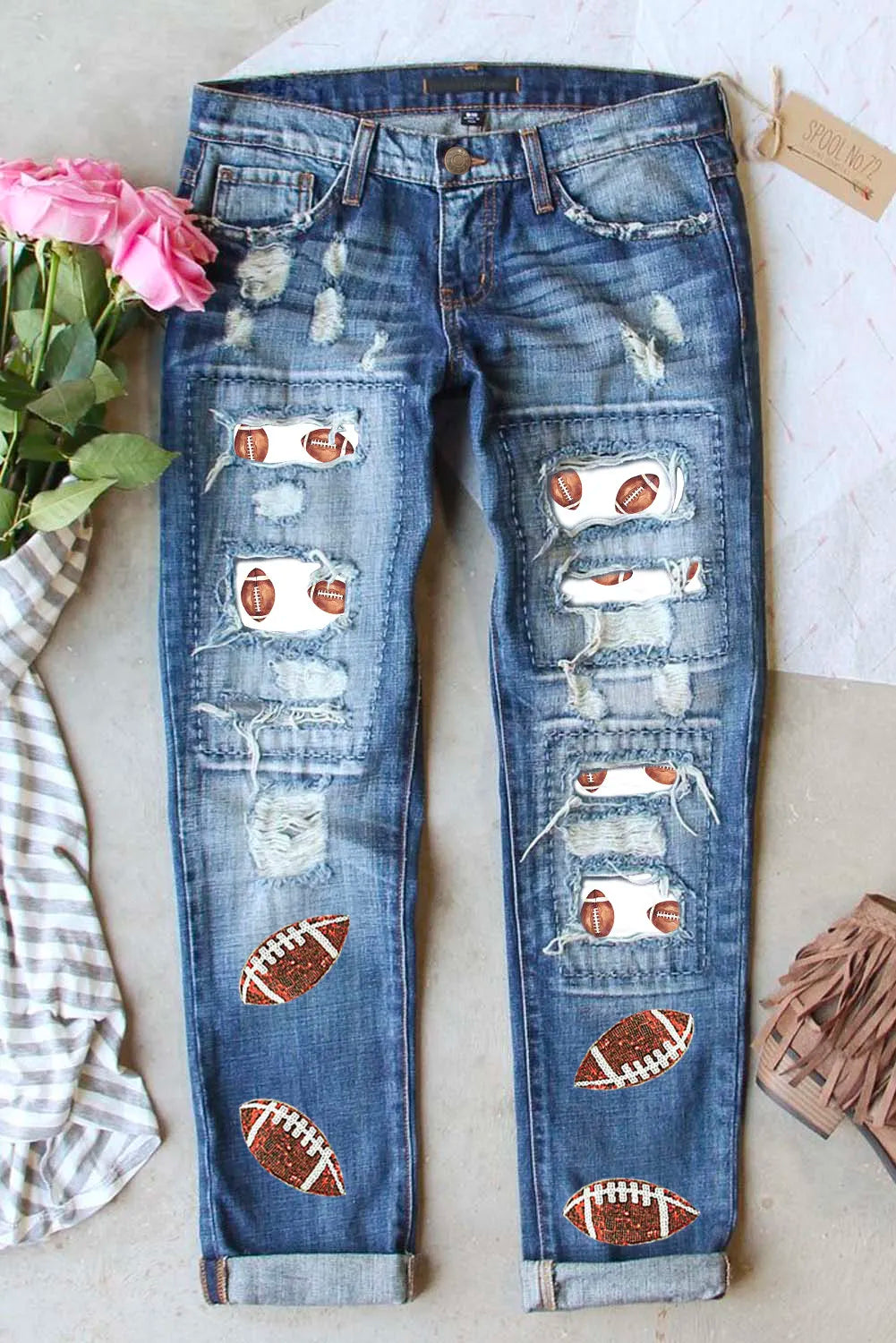 Women's Distressed Football Patches Straight Jeans