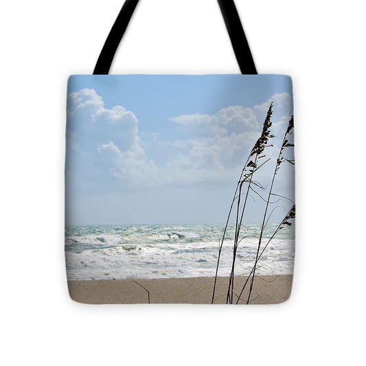 Cloudy Seaside with Tall Grasses - Tote Bag