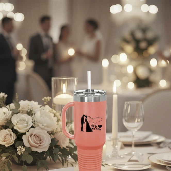 Bride and Groom Mr & Mrs Wedding Polar Camel 40 oz. Travel Mug with Handle & Straw