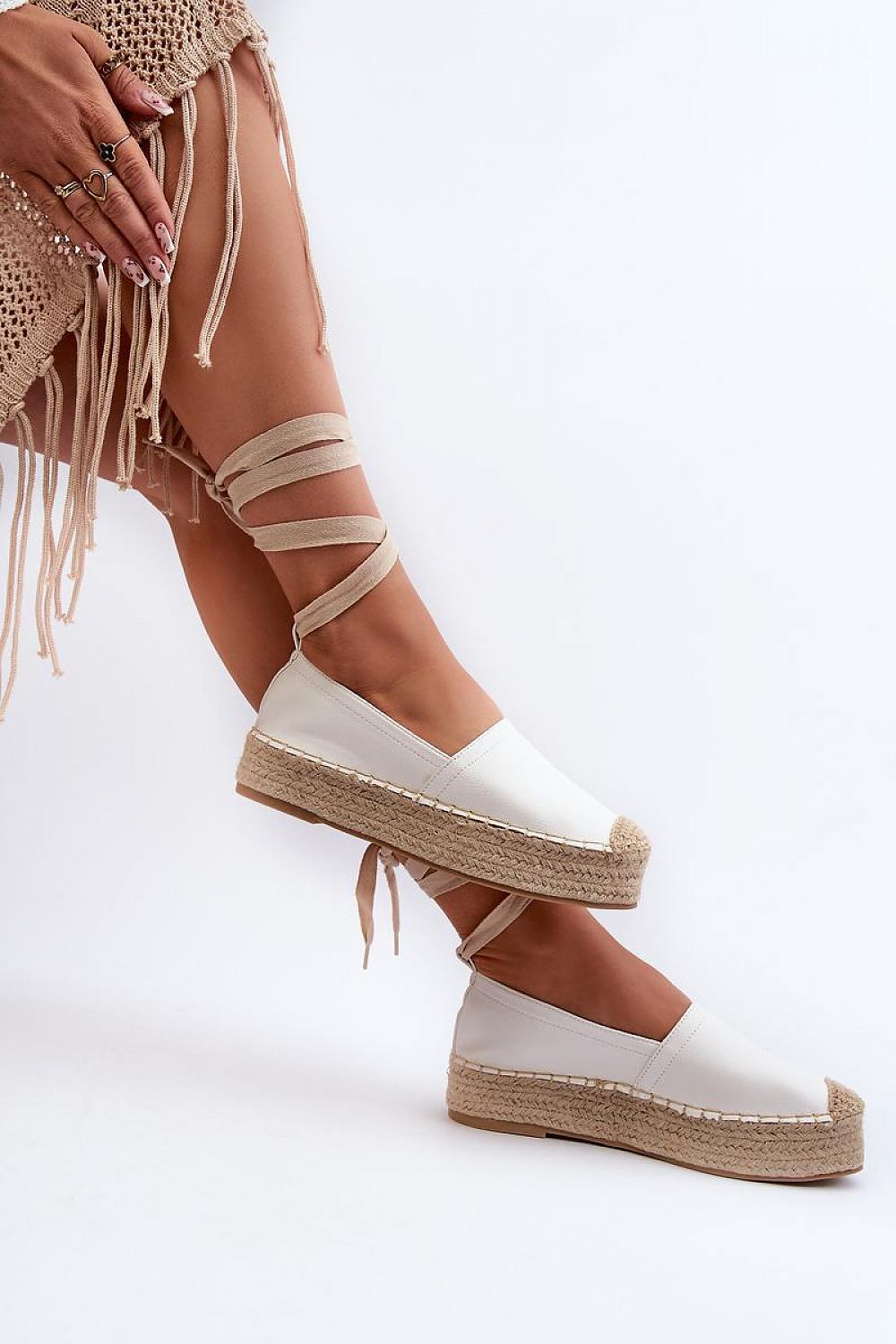 Women's Step in Style White Espadrille Platform Sandals with Lace-up Design